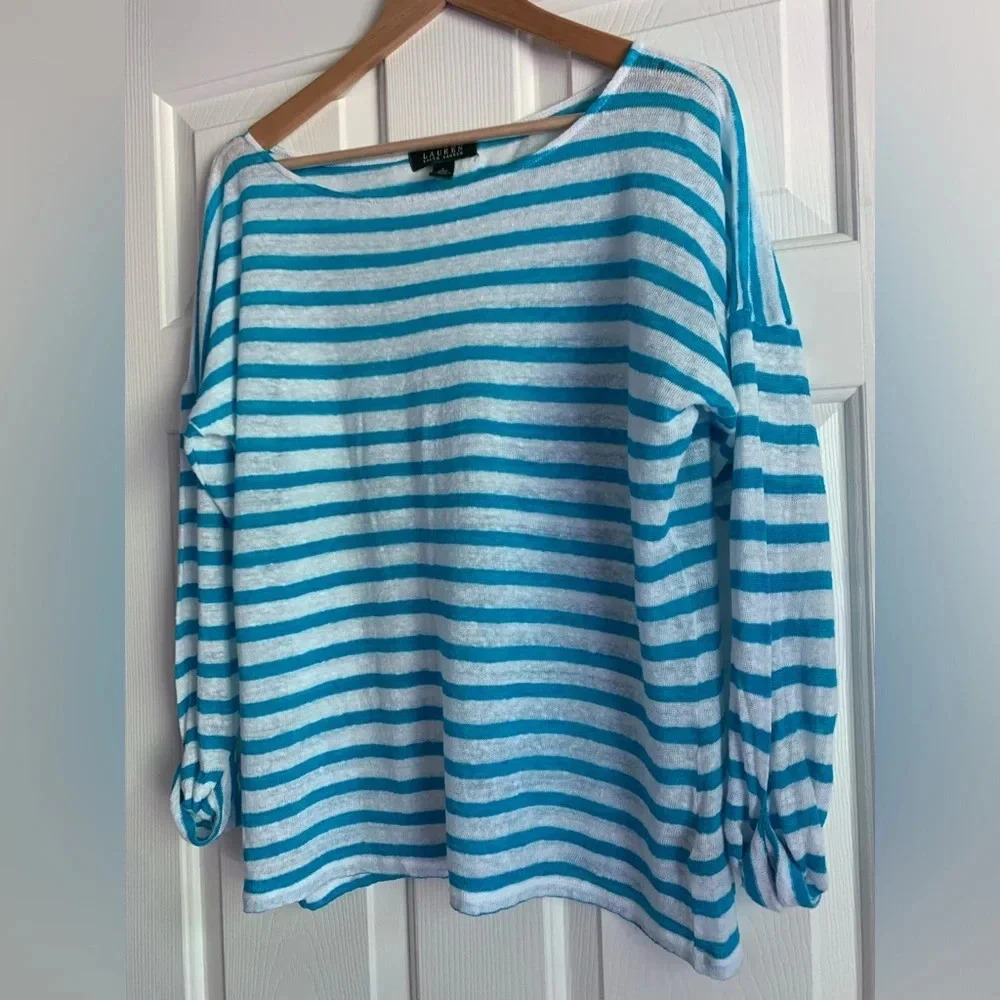 Lauren Ralph Lauren Top Linen Large White Blue Striped Dolman Sleeve Euro Summer - Picture 3 of 12